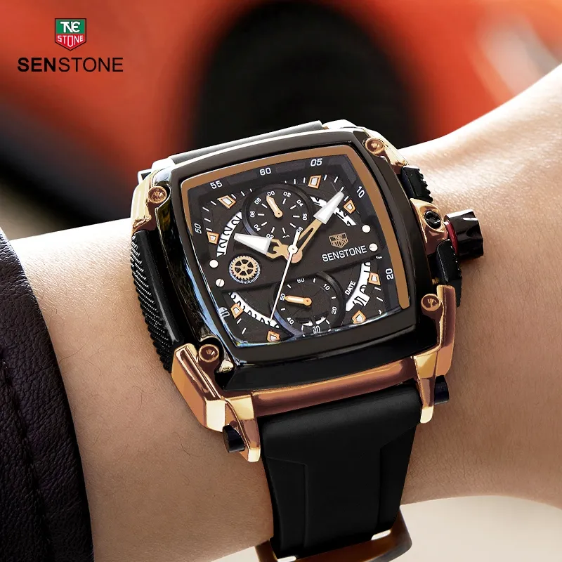 SENSTONE Jam Tangan PriaTerbaru Asli Anti Air Kalender Bercahaya Mewah Hitam Mewah Baja tahan karat Jam Pria Kotak Hadiah Set