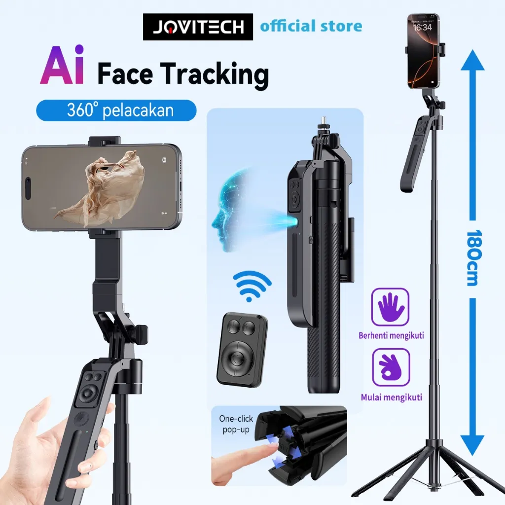 Jovitech Tripod GS12 dengan Ai Pelacakan Wajah Otomatis Tripod Selfie Stick 180CM Gimbal Handphone Stabilizer 360° Stand Quadripod Tongsis Bluetooth Remote