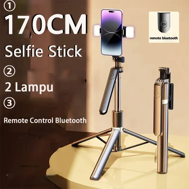 170CM Tongsis Selfie Stick Tripod Bluetooth Remote Lampu LED  Tripod HP Tongkat Selfie Stick 360° Tripod Konten Kreator