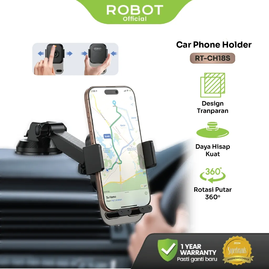 ROBOT Center Console Car Holder Mobil Transparant Design Rotasi 360 Derajat Suction Cup Phone Holder Mobil Penyangga HP Mobil RT-CH18S Original - Garansi 1 Tahun