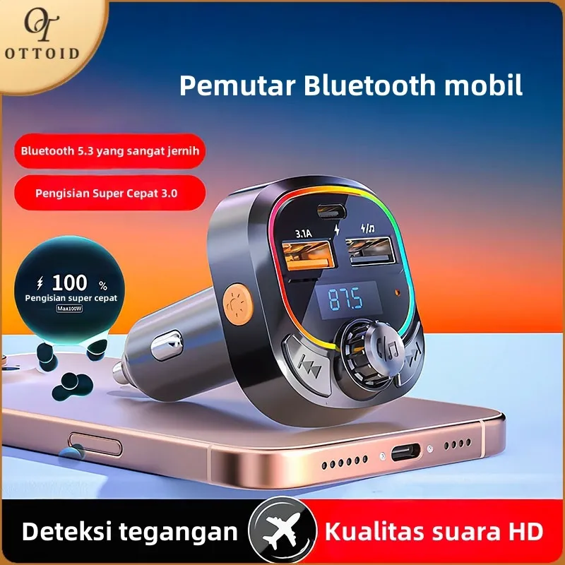 OTTOID Car Charger 3 in 1 Fast Charging  MP3 Bluetooth Transmitter Player/Car Charger Mobil Bukaan Warna-Warni Pemancar FM/Kepala Konverter Pemantik Rokok Mobil Dual USB +Type-C