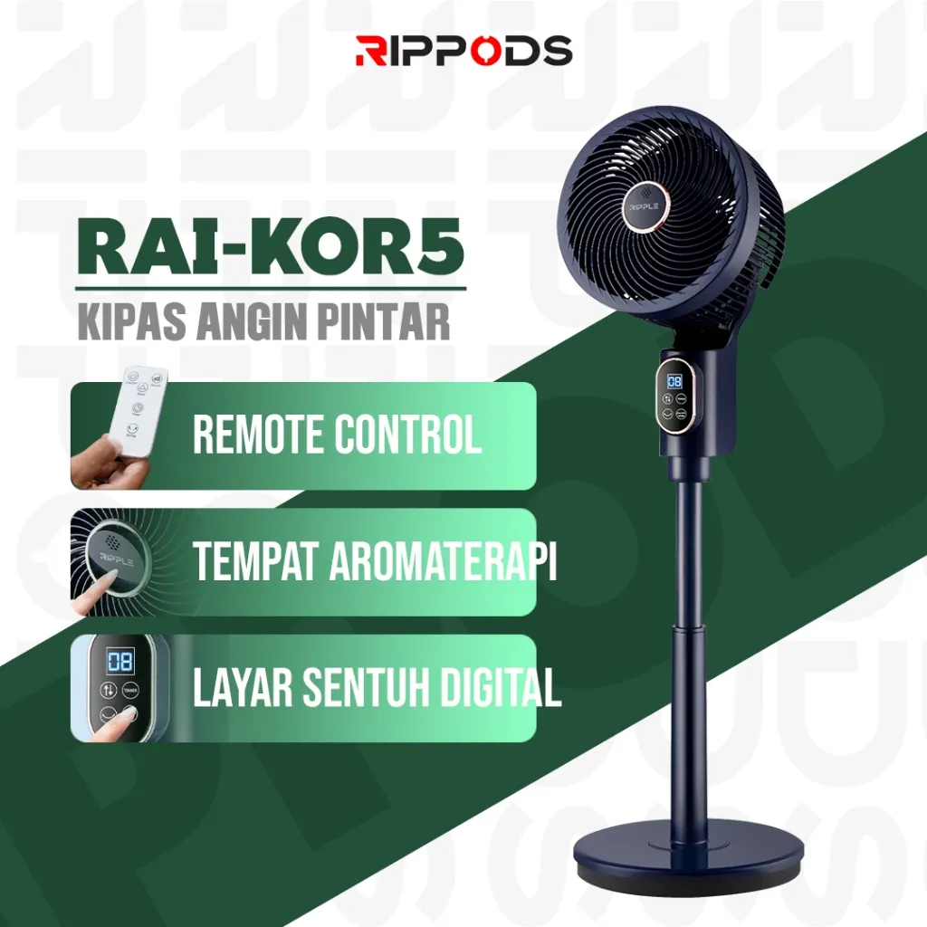 Rippods 6-Kecepatan DC Inverter Kipas Pengatur Udara dengan Kontrol Suara Pintar, Osilasi 3D, Pemurnian Ion Negatif & Diffuser