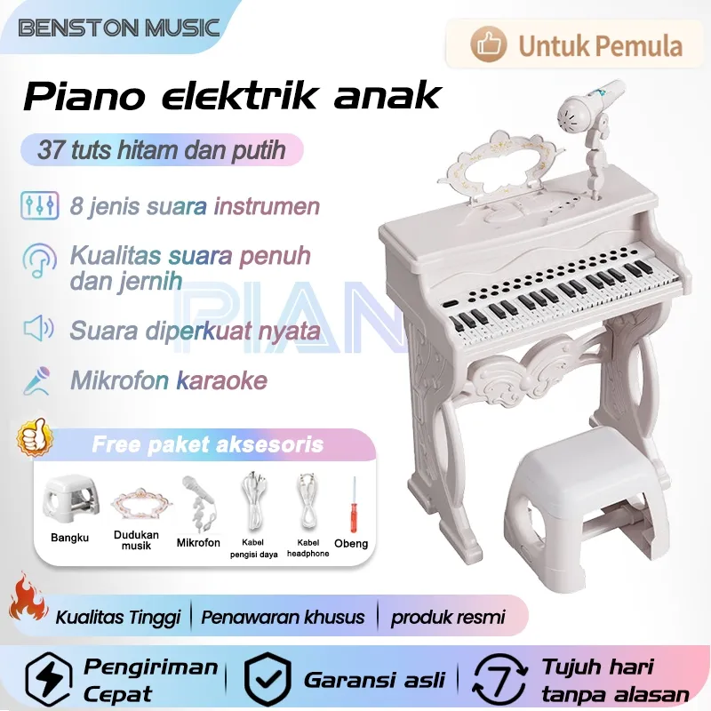 Benston music - Piano anak multifungsi, keyboard elektronik 37 tuts dengan mikrofon, mainan edukatif populer untuk bayi, hadiah ulang tahun anak perempuan usia 3-6 tahun, instrumen musik untuk pendidikan dini