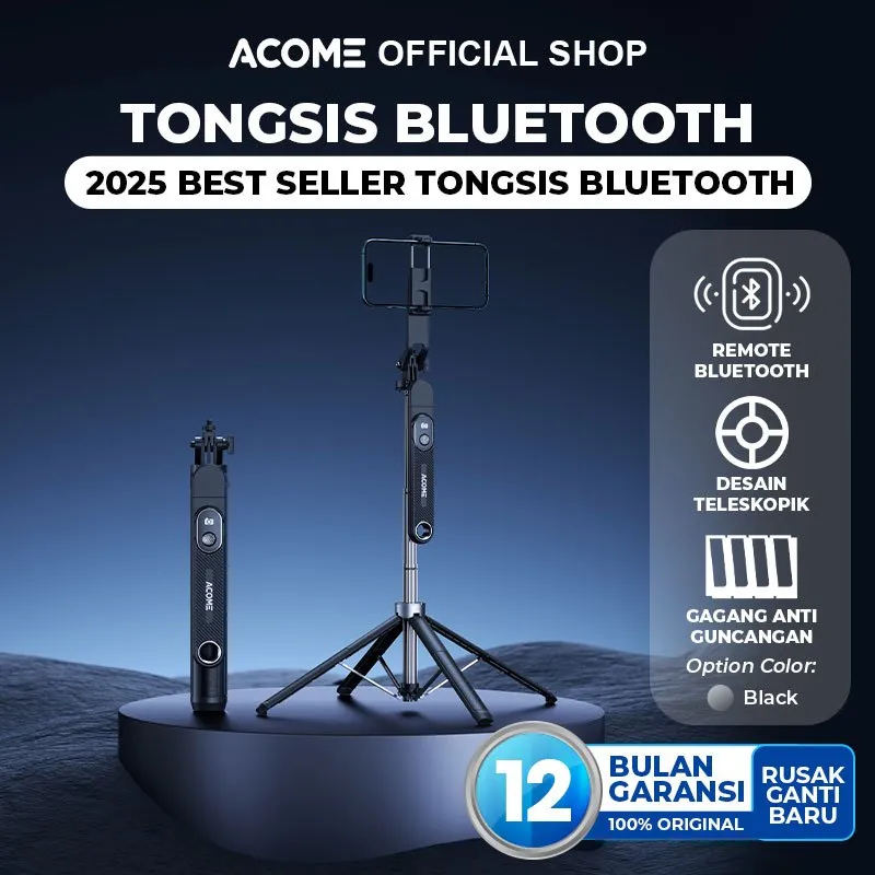 ACOME Tongsis Bluetooth Tripod Selfie 4 Kaki SS18A Black 180cm Desain Teleskopik Remote Bluetooth / Selfie Stick Portable Flexible Tripod HP Original - Garansi Resmi 1 Tahun