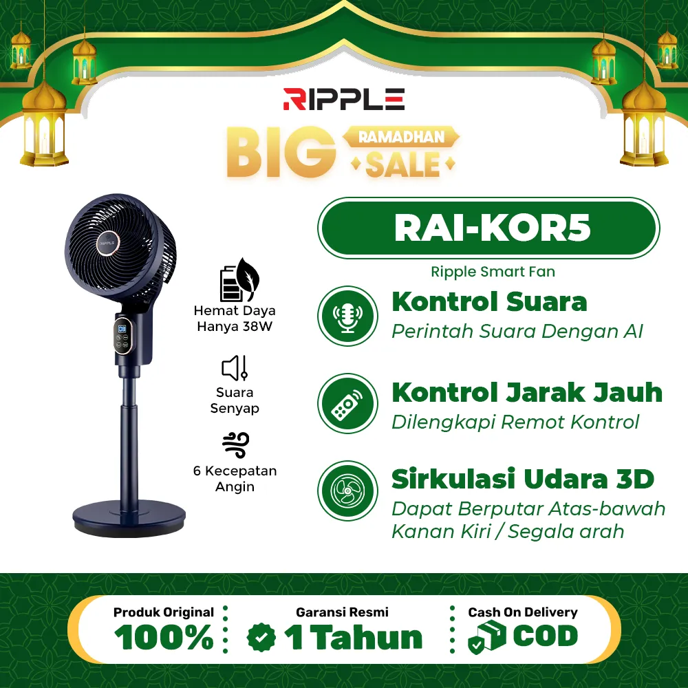 RIPPLE Voice control Kipas Angin+Kipas Lantai-Auto Swing 180° Kipas Angin Kontrol& Manual Vertikal 3 Level Hemat Listrik 6 Speed ​​Intelligent Voice Control Fan with Aromatherapy Function 3D Oscillation Negative Ion Purification Air Circulator Hemat