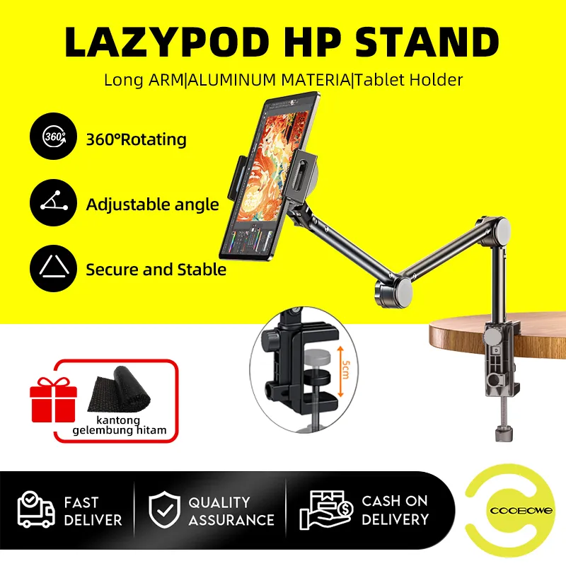 COOBOWE Lazypod Hp Stand Holder Hp Meja Versatile Clip-on phone Holder hp jepit tablet Stand Durable Aluminum for Phones Tablets Non-slip Stability Microphone Stand