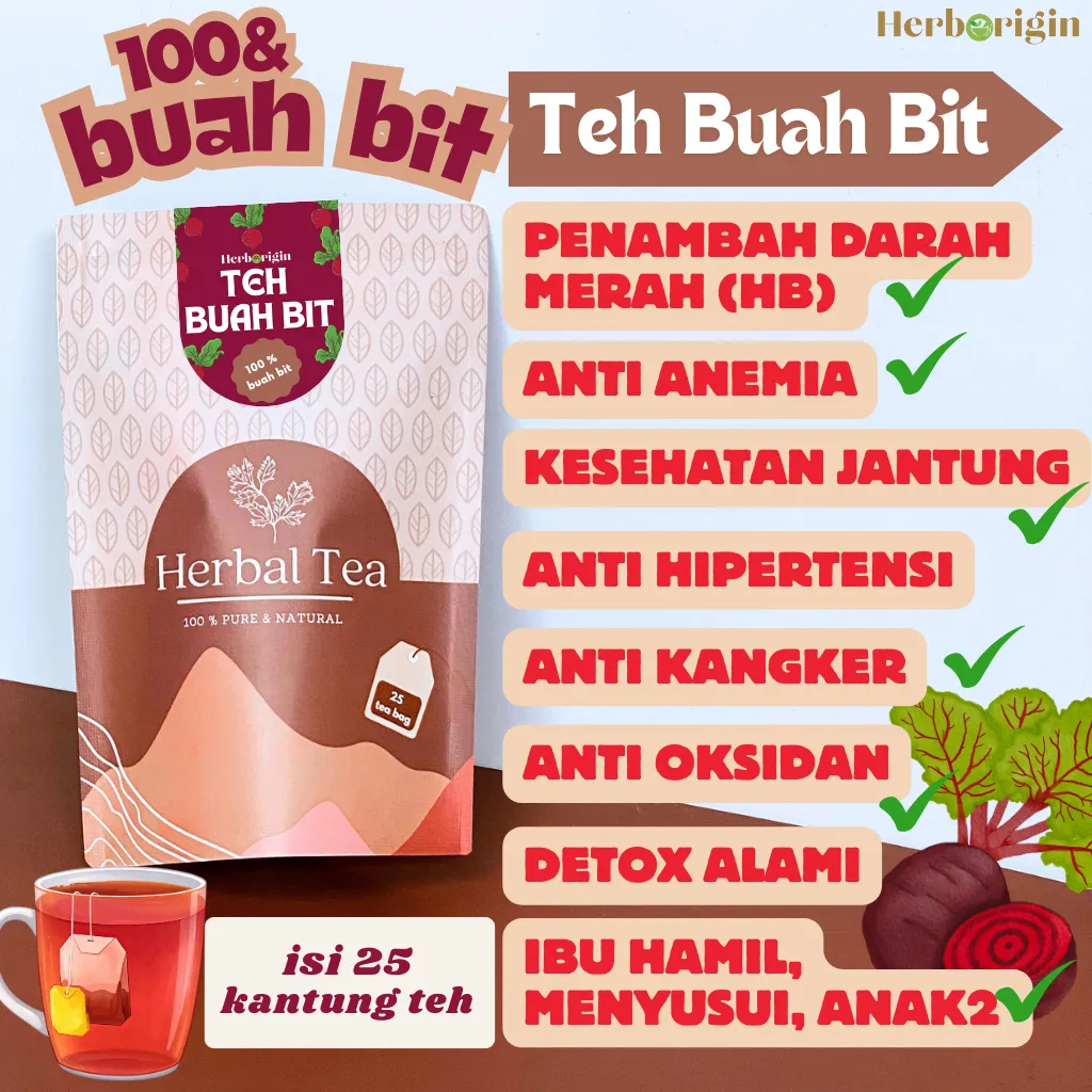 HERBORIGIN TEH HERBAL BUAH BIT PREMIUM ORIGINAL 100% MURNI TEH BUAH BIT CELUP BEATROOT TEA BUAH BIT KERING BUAH BIT MURNI TEH CELUP MURAH