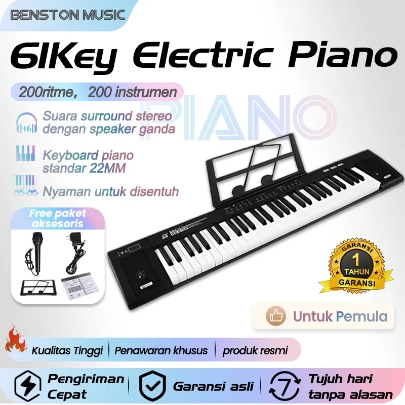 Benston Music - Piano Elektronik Multifungsi, Piano 61-Key, Piano Elektronik Profesional Rumah Pintar