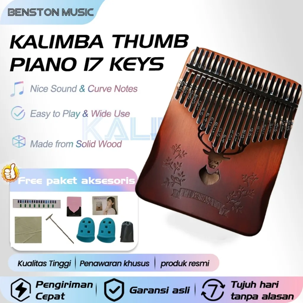 Benston Music - Bunga Kalimba 17 / 21 Key Wood Kayu Finger Piano Kunci Musical Instrument Portable Murah Jari Alat Musik Pemula Paket Hadiah Aksesori Alat Musik Gaya Jari Akustik