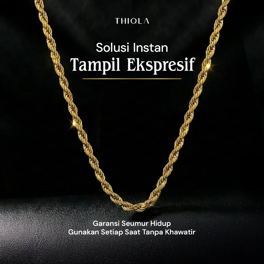 THIQLA - Kalung Rantai Tambang HURRIYAH - Kalung Panjang Wanita Mirip Kalung Juntai Emas Asli - Kalung Serut Mirip Kalung Titanium Ori Anti Karat