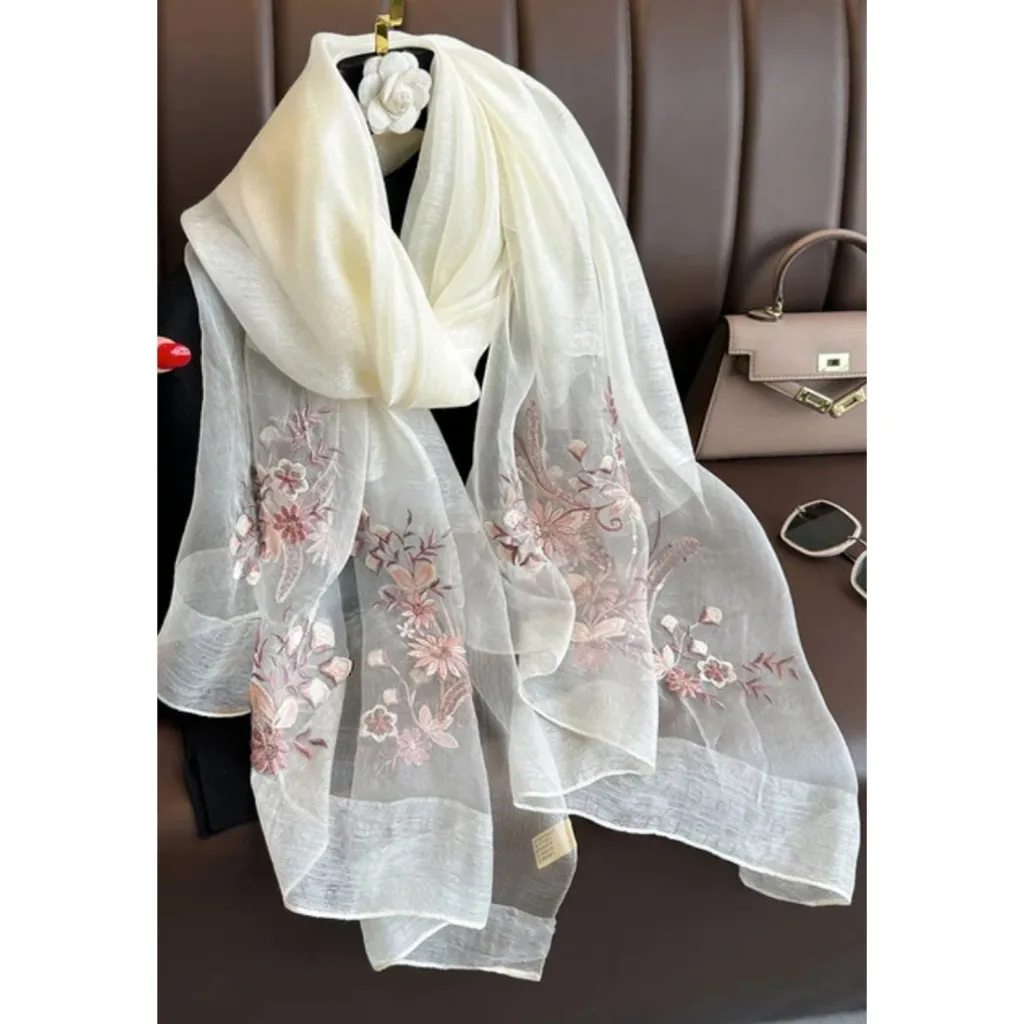 Golden Thread Embroidery Silk Shawl Syal Sutra Wanita