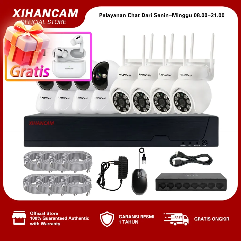 XIHANCAM Paket CCTV 8 Channel 8 Kamera Full HD 1080P Komplit Tinggal Pasang Kit Paket NVR CCTV 8CH