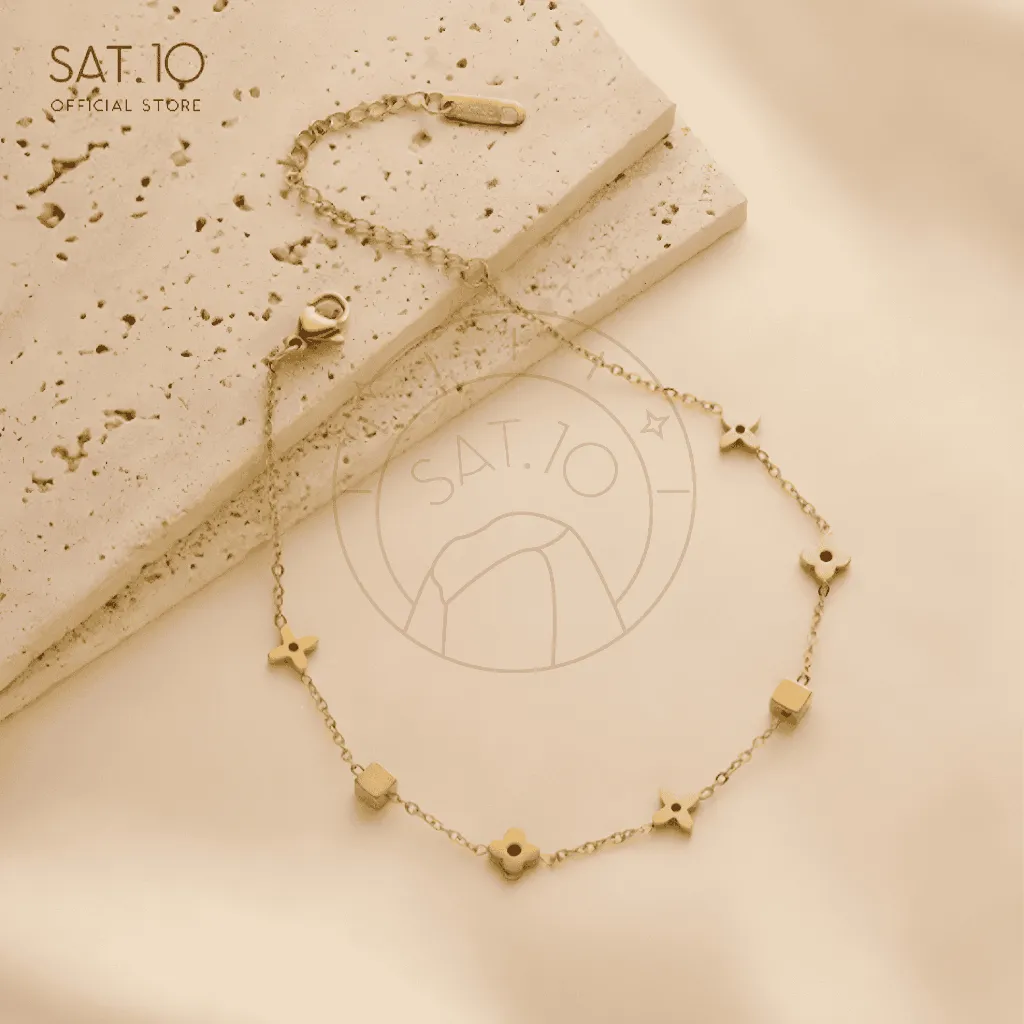 SAT.10 Gelang Titanium Clover Gold 18K Anti Karat & Alergi - Perhiasan Wanita Minimalis SAT-FCB4172