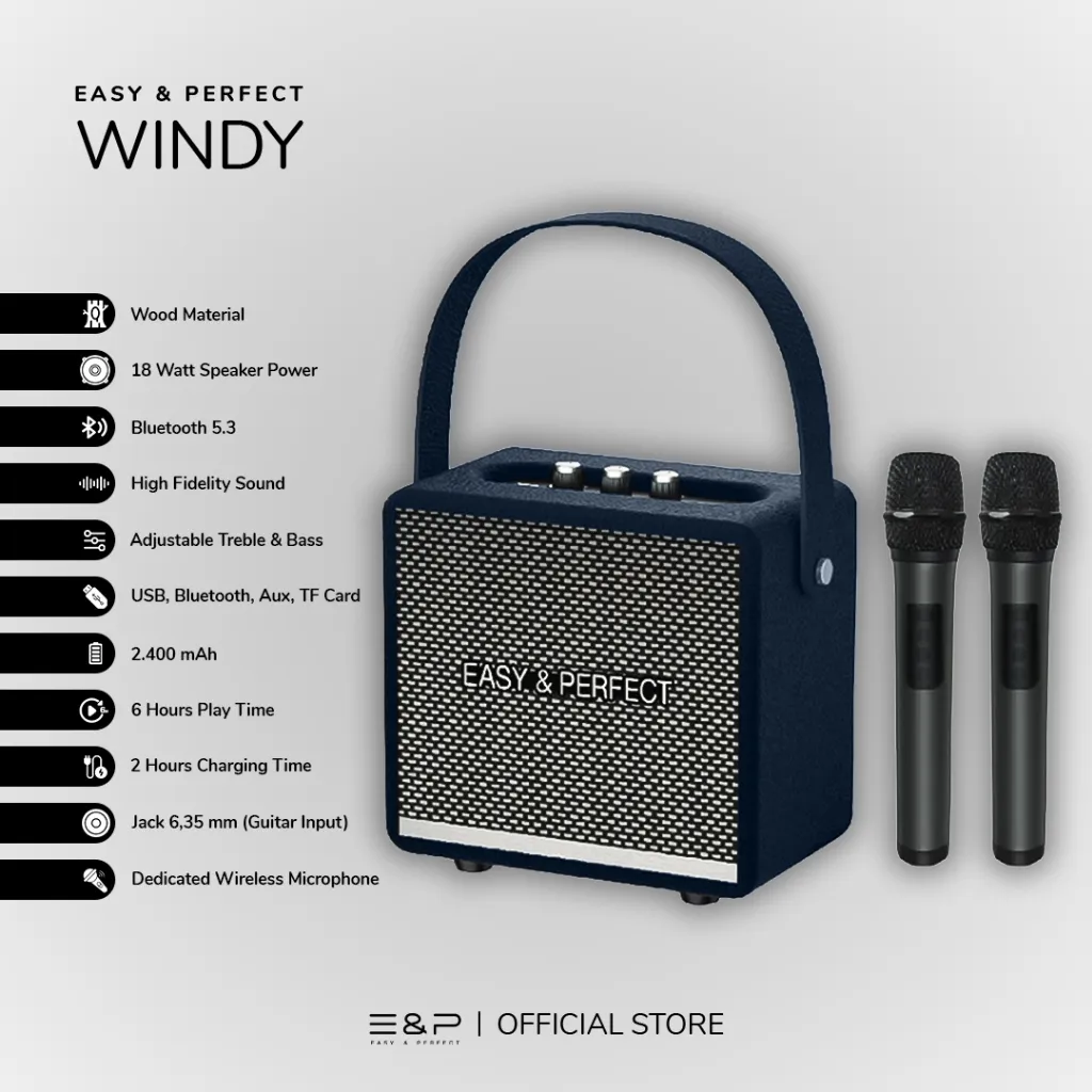 Easy & Perfect Windy - 18 Watt Speaker Power with Adjustable Treble, Bass, Jack 6.5 mm Guitar Input and 2 Wireless Microphone