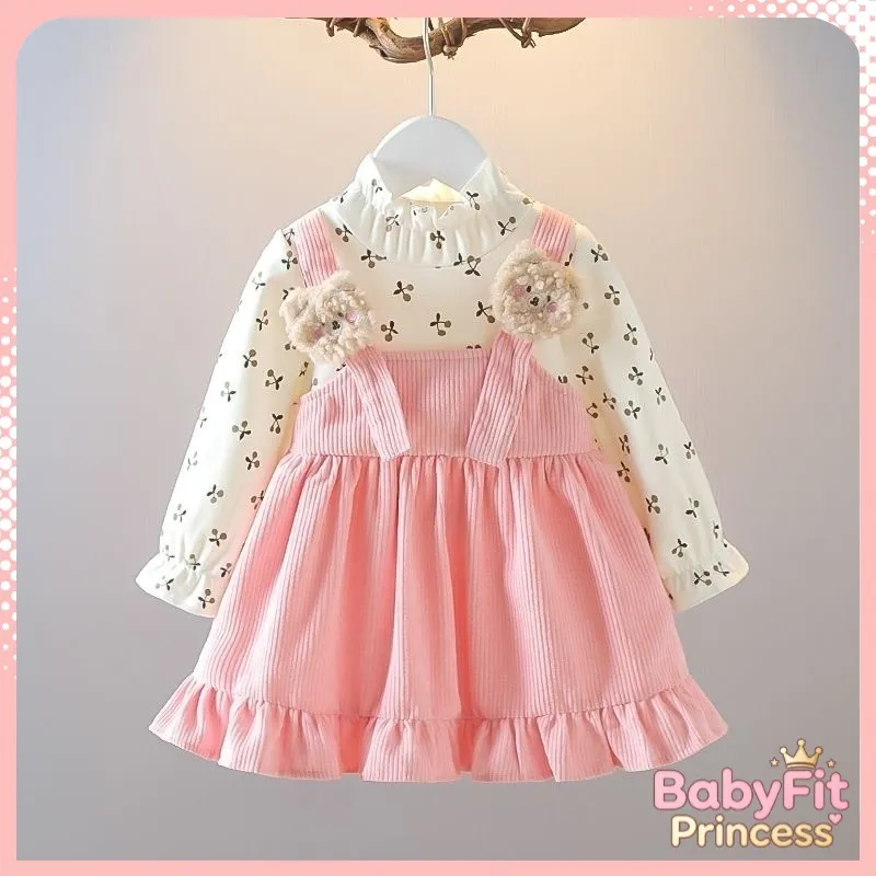 Dress Bayi Lengan Panjang Korean Style Lucu Motif Beruang Imut Bahan Katun Elastis Import Lembut Nyaman Cocok Usia 6 Bulan - 3 Tahun untuk Sehari-hari & Pesta Ide Hadiah Baju Lebaran Anak READY STOCK