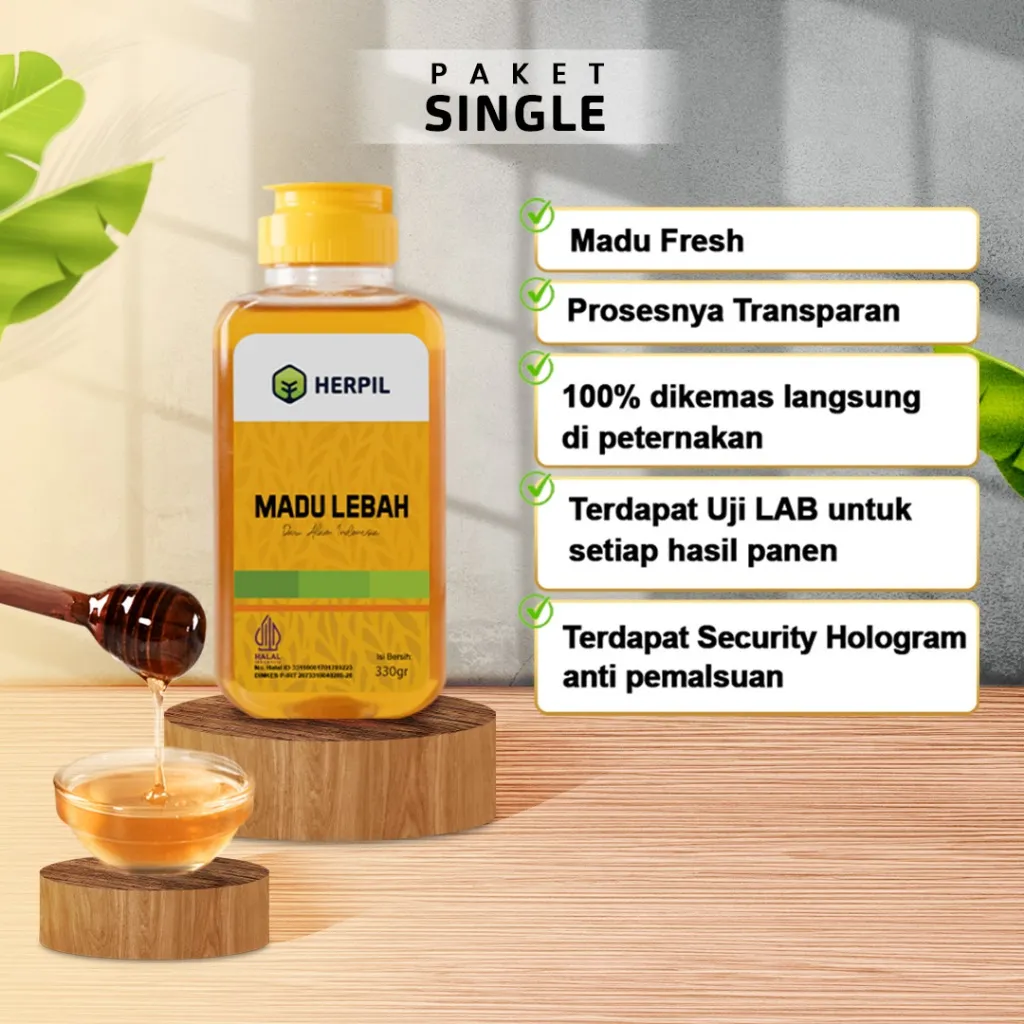 Herpil Madu Lebah 330 gram, Madu Murni Fresh Nektar Multiflora 100% Dikemas di Peternakan