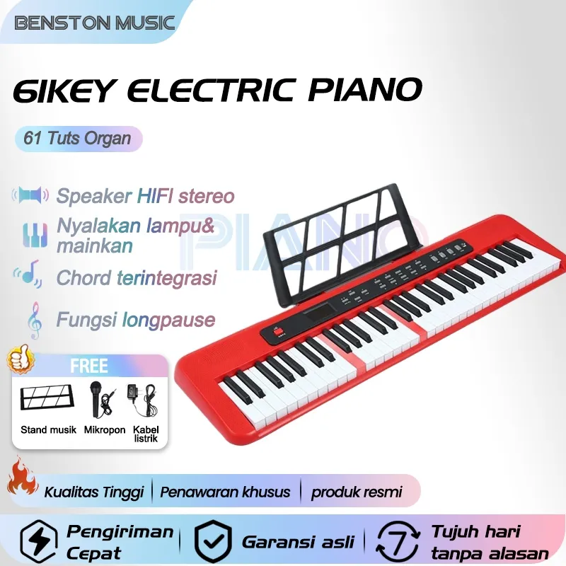 Benston Music - Keyboard elektrik portabel profesional 61 tuts keyboard elektrik tingkat pemula dewasa dan anak