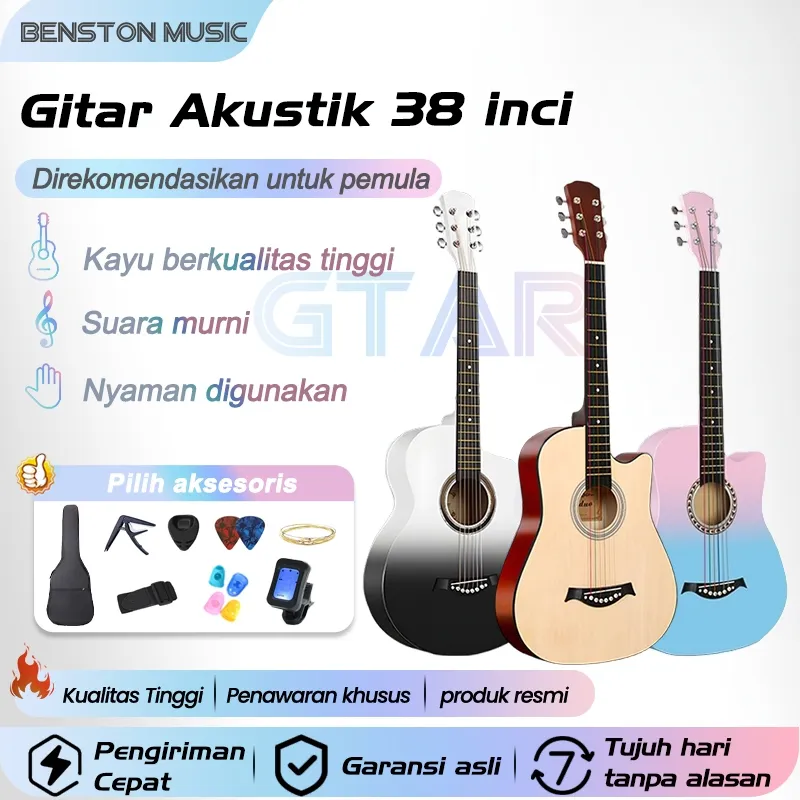 Benston Music - Gitar akustik tingkat pemula cocok untuk pemula untuk berlatih 38 inci