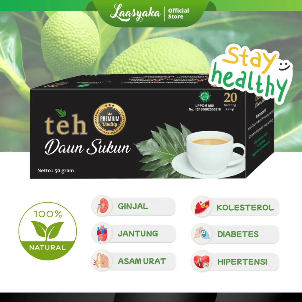 Teh Daun Sukun Laasyaka ASLI ORIGINAL Berkualitas Premium Banyak Manfaat Kesehatan Teh Herbal Alami