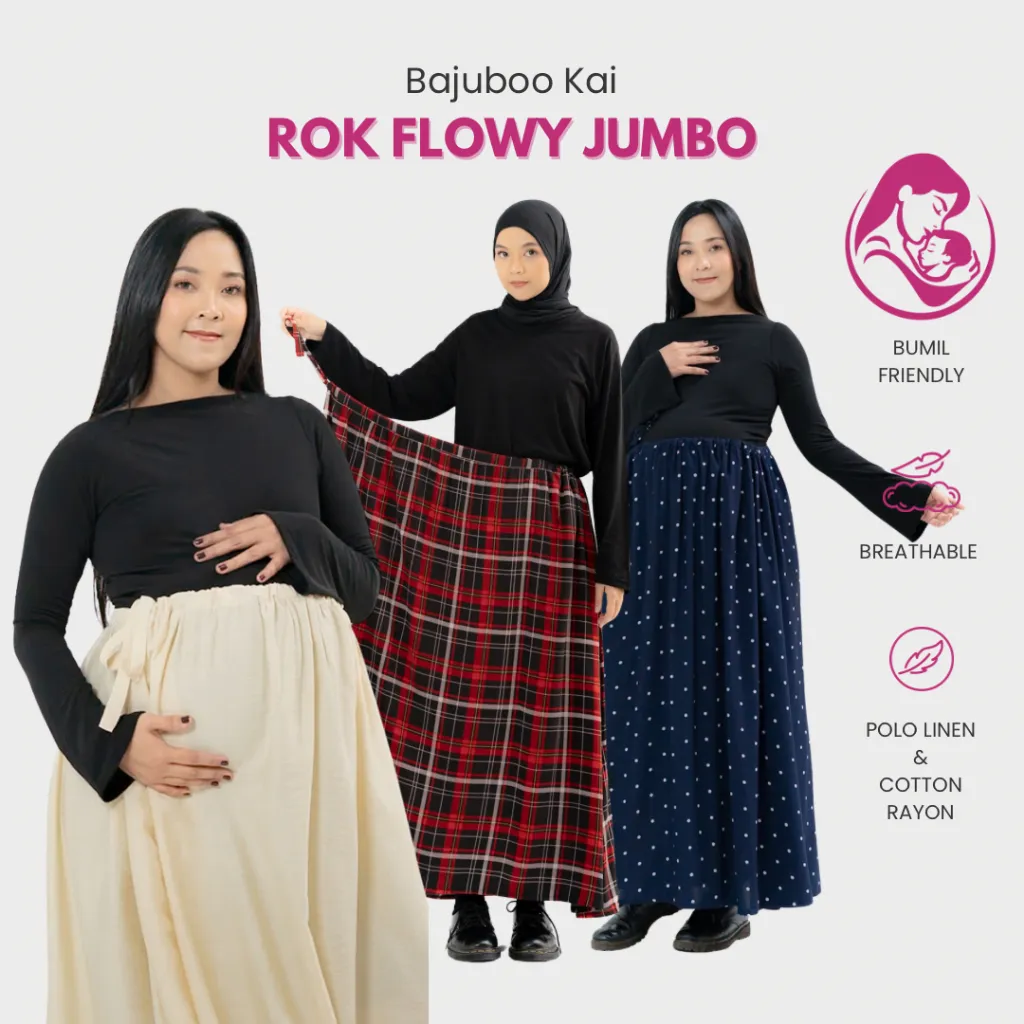 Bajuboo Kai - Rok Flowy Panjang JUMBO Bumil Friendly Rayon Viscose Polo Linen Ruffle