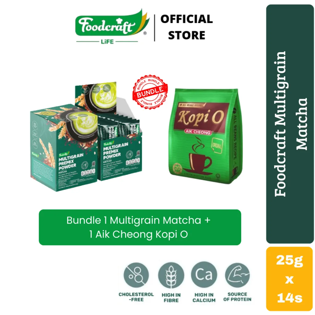 [Bundle Special] 1 Box Foodcraft Multigrain Powder Rasa Matcha dengan 1 Pack Aik Cheong Kopi O Original