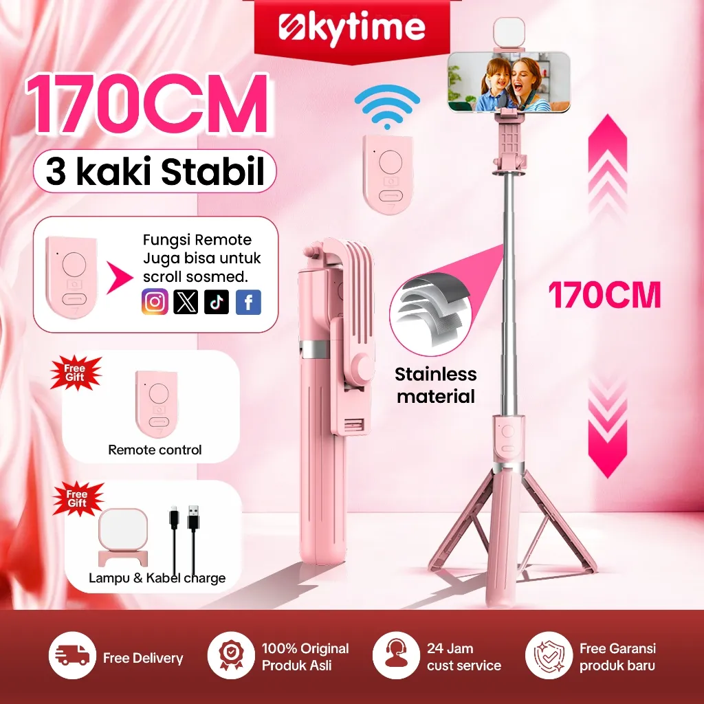 Skytime TR14 Tripod Tinggi 170cm 360° Rotation Adjustable Tripod Selfie Stick Tongsis Bluetooth Remote with LED Lampu 2
