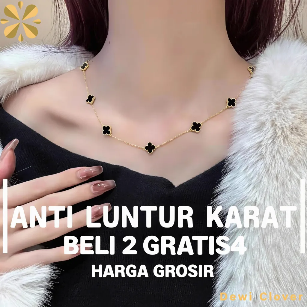 Kalung Titanium Wanita Rantai  Clover  Hitam  gold plated 18K Terbaru  anti karat korea fashion-