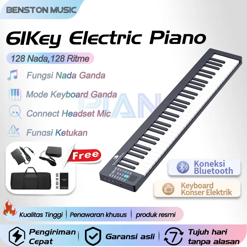 Benston Music - piano profesional 61 tombol, piano listrik pintar, keyboard portabel bluetooth 61 tombol, keyboard piano kecil