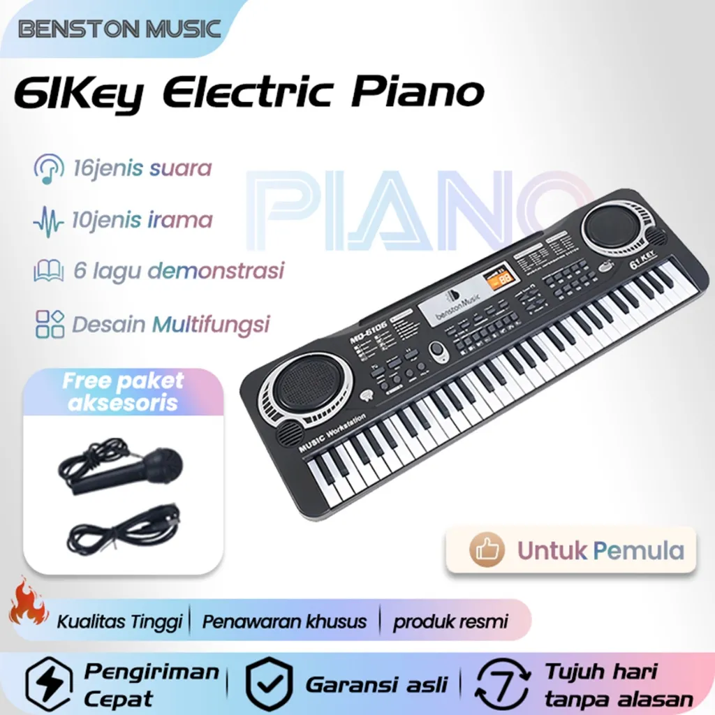 Benston Music- Piano Elektronik Untuk Anak-anak, Piano Elektronik Untuk Pemula, Piano Elektronik 61 Tombol, Piano Elektronik Multifungsi, Dengan Mikrofon Kecil
