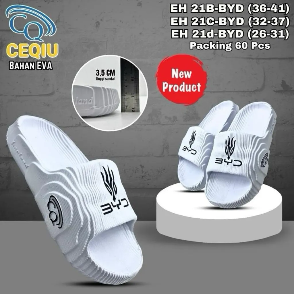 Sandal Selop putih Motif B Y D - sandal cowok anak dewasa terbaru - sandal cowok casual - sandal selop terbaru