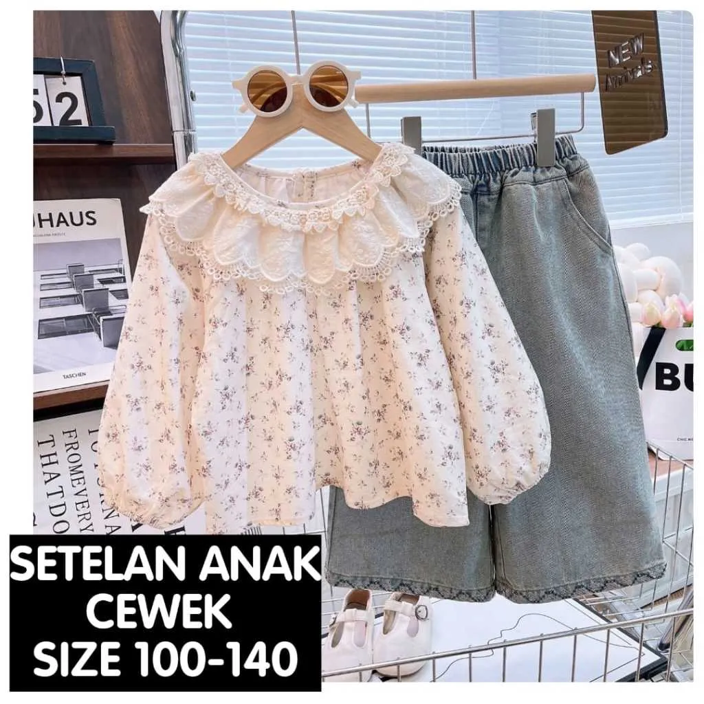 (LOLI-JKT) BS 825 SETELAN ANAK CEWEK BLOUSE MOTIF BUNGA KECIL KERAH RENDA KATUN CELANA JEANS SIZE 100-140