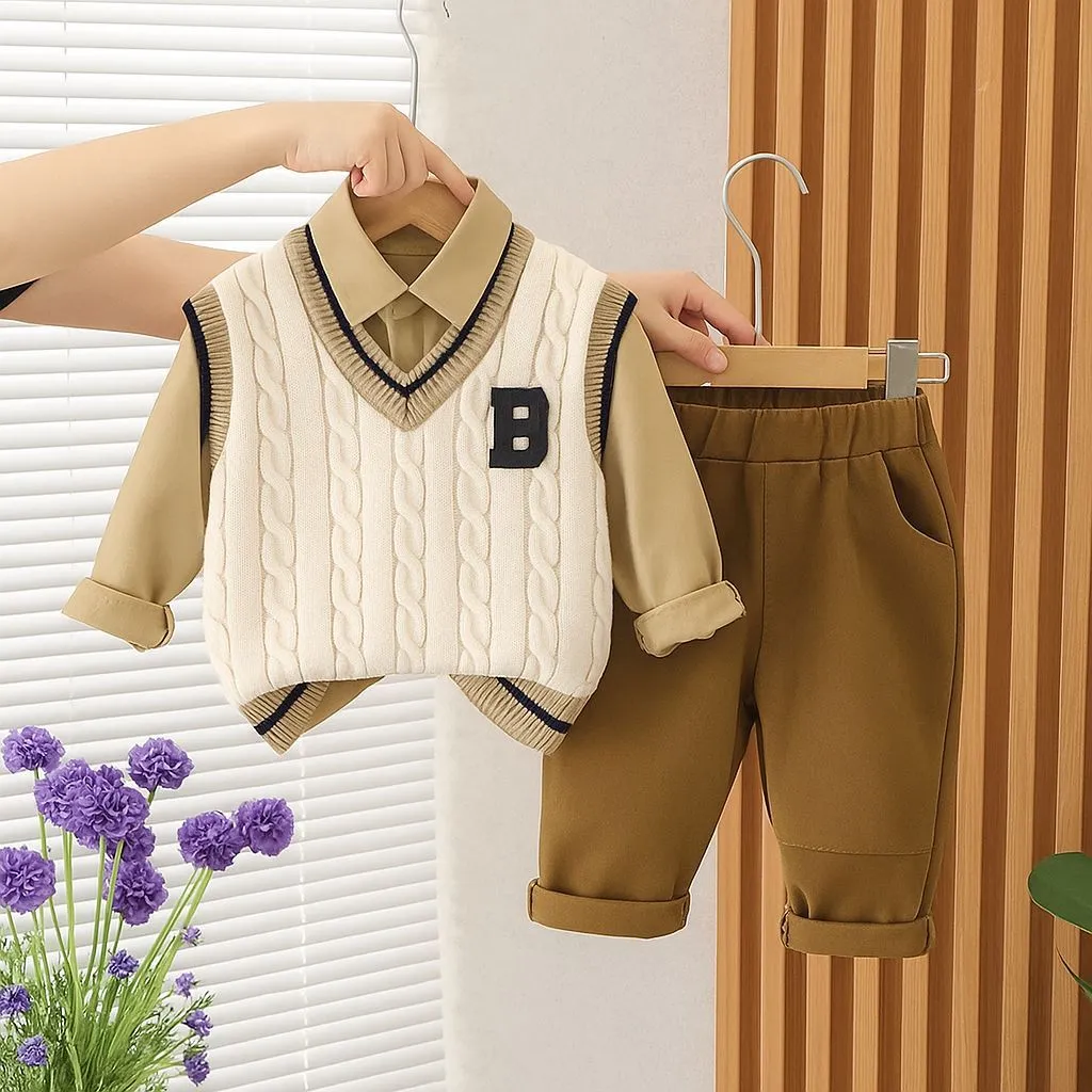 Setelan Anak Laki-laki Modis Usia 1-5 Tahun 3in1 Kemeja Rompi Rajut Celana Chinos Outfit Anak Fasion Korea Baju Anak Cowok Kekinian Dan Terbaru