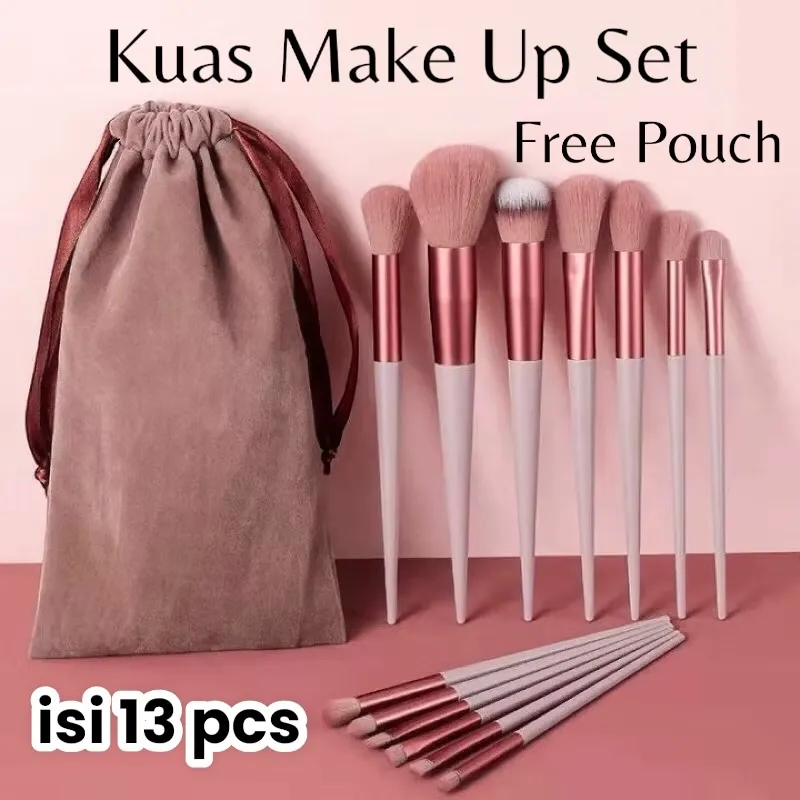 Kuas Make Up Set isi 13 Pcs FREE POUCH Kuas Make Up Brush 13pcs Bulu Sintetis Make Up Brush Mini Travel