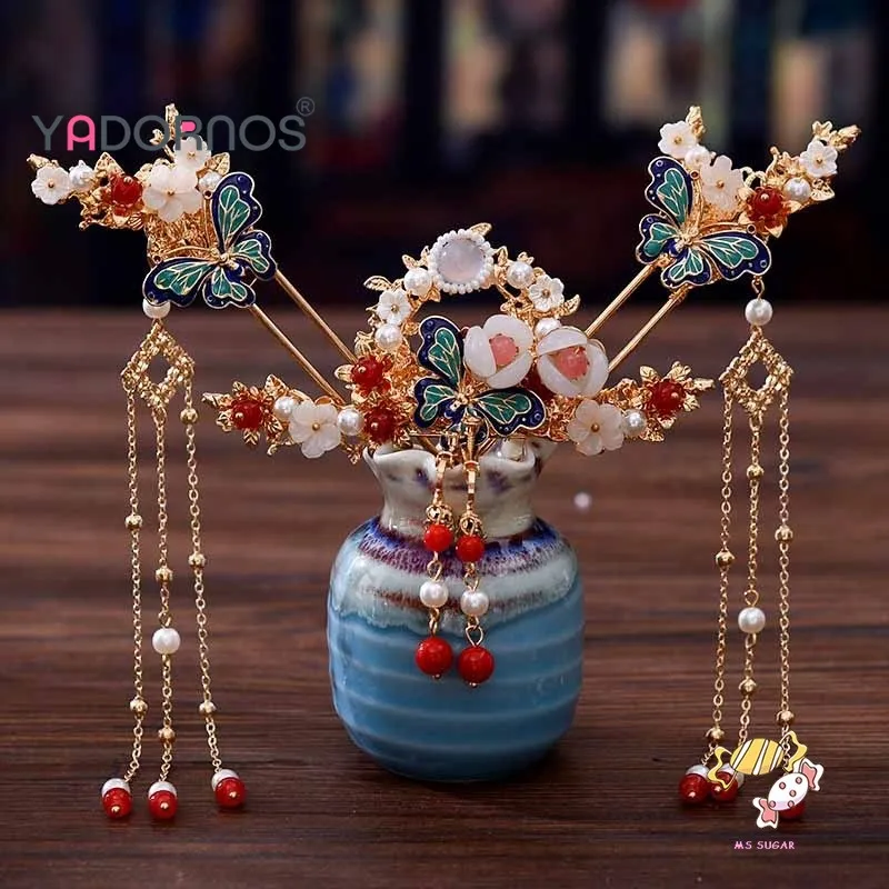 YADORNOS Set Aksesori Rambut Rumbai Kupu-kupu Gaya Cina Baru - Jepit Rambut Kupu-kupu Biru - Jepit Rambut Bunga Langkah Rumbai Sisir Rambut Set Aksesori Hanfu - Buatan Tangan Murni - Logam Berkualitas Tinggi Tidak Mudah Pudar