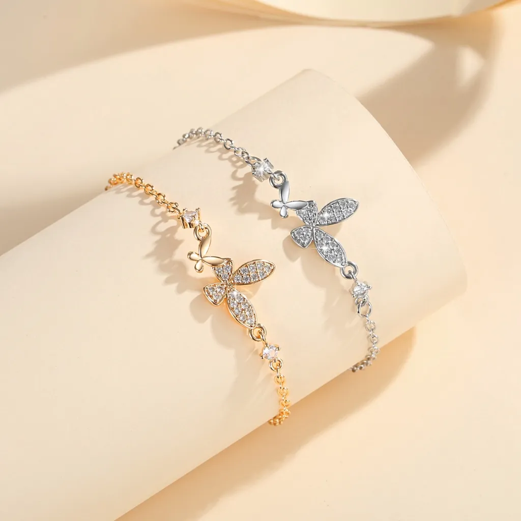 Lanme Jewelry Gelang Lapis Emas Kristal Kupu-kupu Wanita Dewasa Aksesori Fashion Korea Baja Tahan Karat Anti Luntur LM578