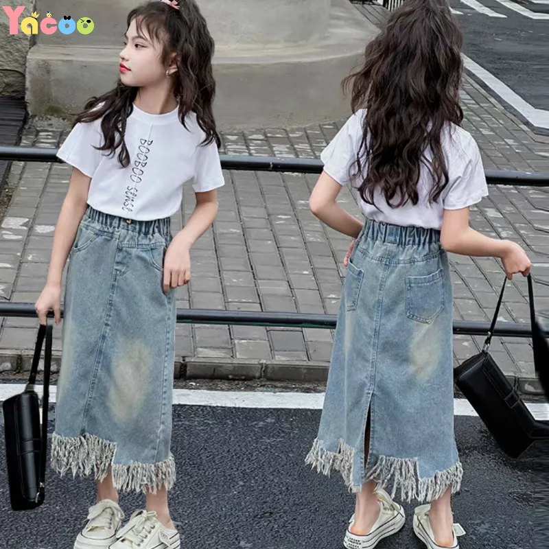 Yacoo Setelan Anak Perempuan Musim Panas 2025 Impor - Lengan Pendek & Rok Denim Versi Korea Style