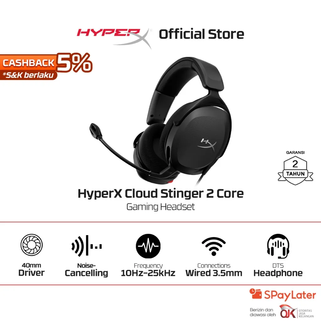HyperX Headset Gaming Cloud Stinger 2 Core Wired - Black Noise Cancelling Spatial Audio Fabric Stereo Bass Android iOS Led RGB Microphone Promo Cicilan Ringan