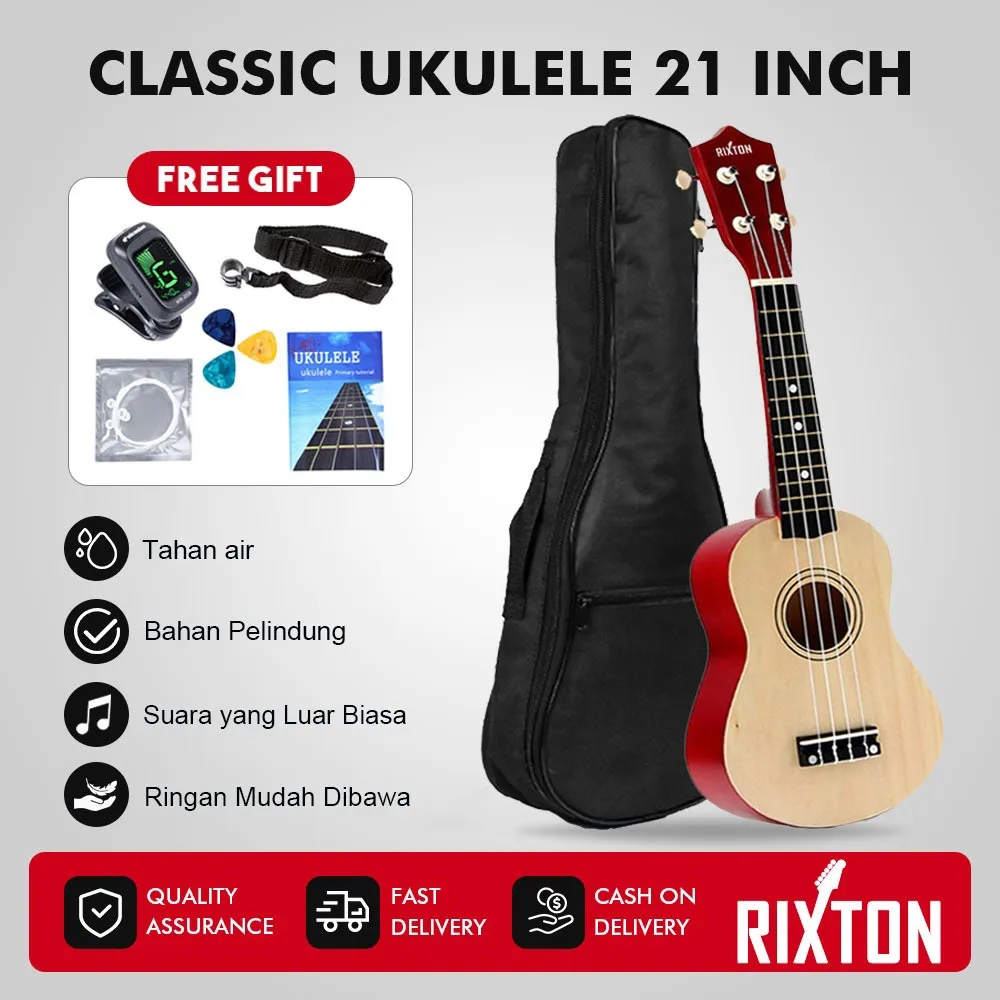 RIXTON Paket Lengkap Gitar Ukulele Soprano 4 Senar Spruce Basswood 21 Inci