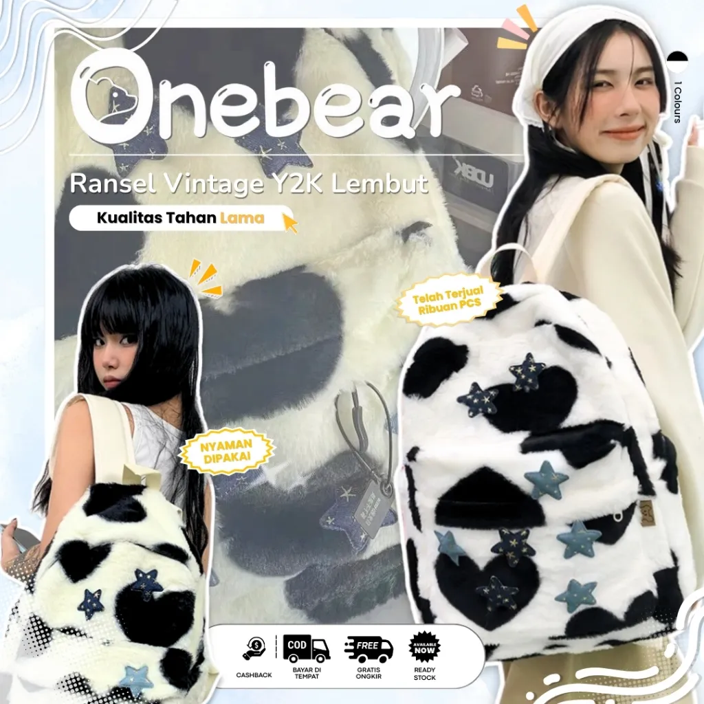 Onebear ready ransel y2k vintage wanita backpack lucu tas korean style ransel sekolah tas wanita tas ransel sekolah cewek Tas sekolah y2k aesthetic kuliah wanita import ransel vintage murah tas corak sapi Tas Sekolah lucu korea backpack QX152