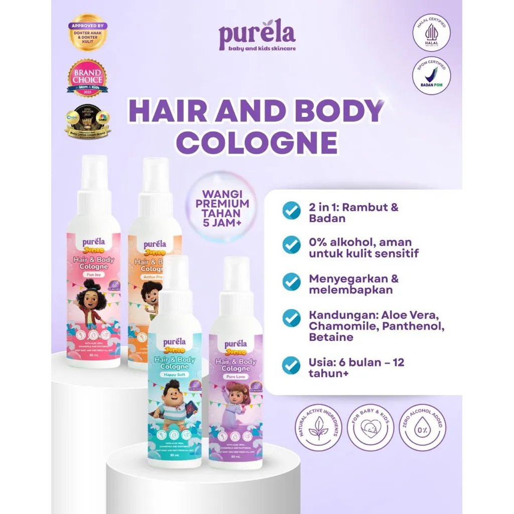 PURELA ORIGINAL Hair and Body Cologne 80ml | parfum tahan lama yang membuat rambut dan badan anak selalu wangi setiap acara *BUY 3 PCS FREE POUCH*
