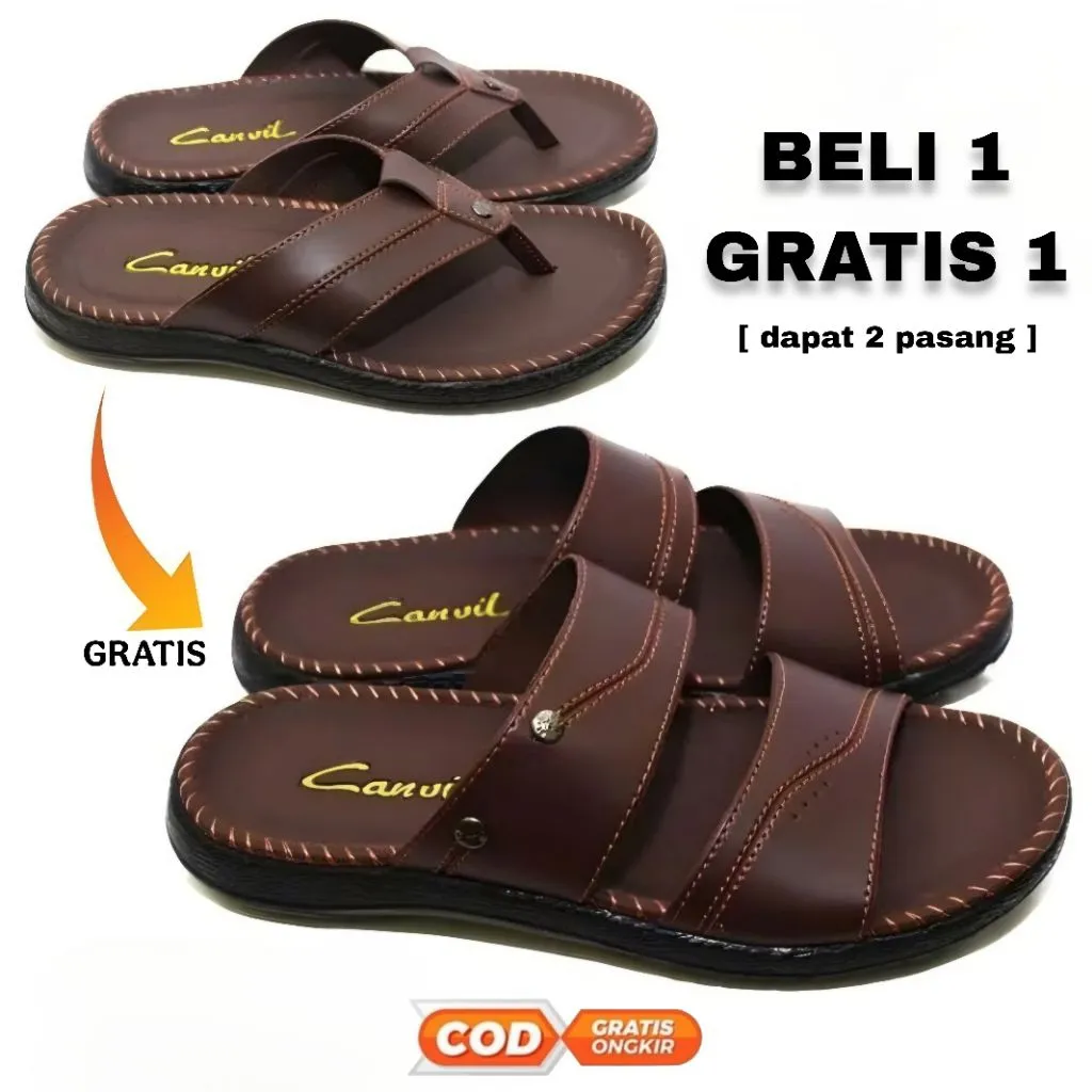 Promo Beli 1 Gratis 1 Sandal Kulit Pria Kasual Sandal Slop Japit Authentic Lebaran