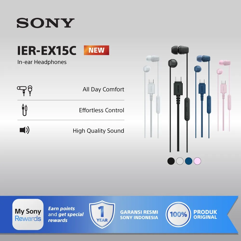Sony IER-EX15C Earphone USB Type-C Original | In-Ear Headset Mic & Remote Volume | Suara Jernih, Ringan & Nyaman