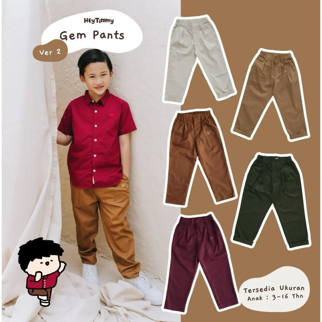 HEYTIMMY - GEM Pants / Celana Panjang Bahan Katun Anak Laki Laki / Gem Long Pants Variasi 2 / Warna Cream Choco Brown Army Maroon Merah / Umur 3 4 5 6 8 10 12 14 tahun