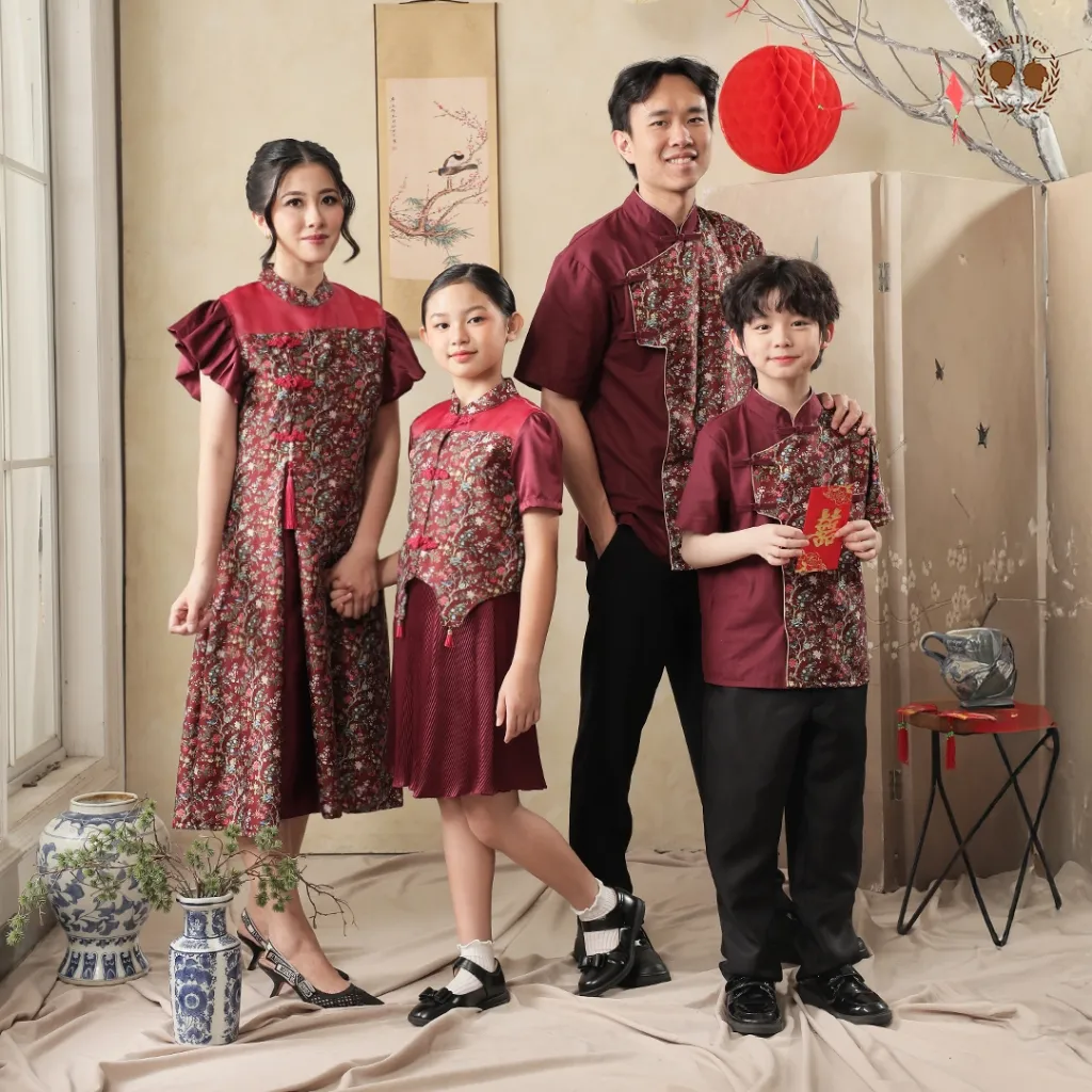 MARVES IMLEK Fei Family Set Cheongsam Dress Kemeja Baju Anak Perempuan Laki laki Ibu Ayah Couple