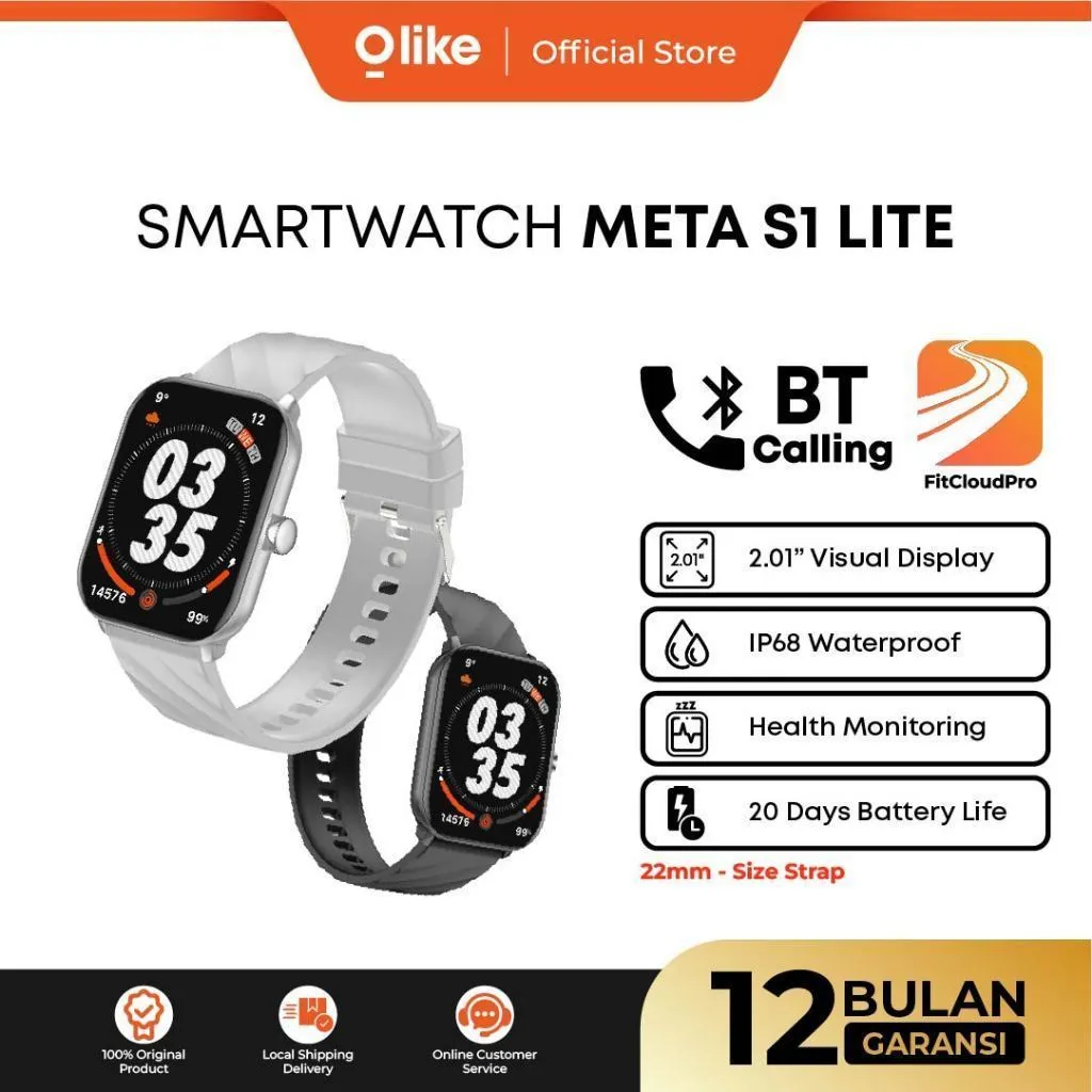 [NEW PRODUCT] OLIKE Smartwatch META S1 Lite HD Battery Up to 20 Day, Screen Custom Face, Waterproof IP68 | Smart watch Bluetooth Call | Jam Tangan Sport 100+ Mode, Health & Sleep Monitoring