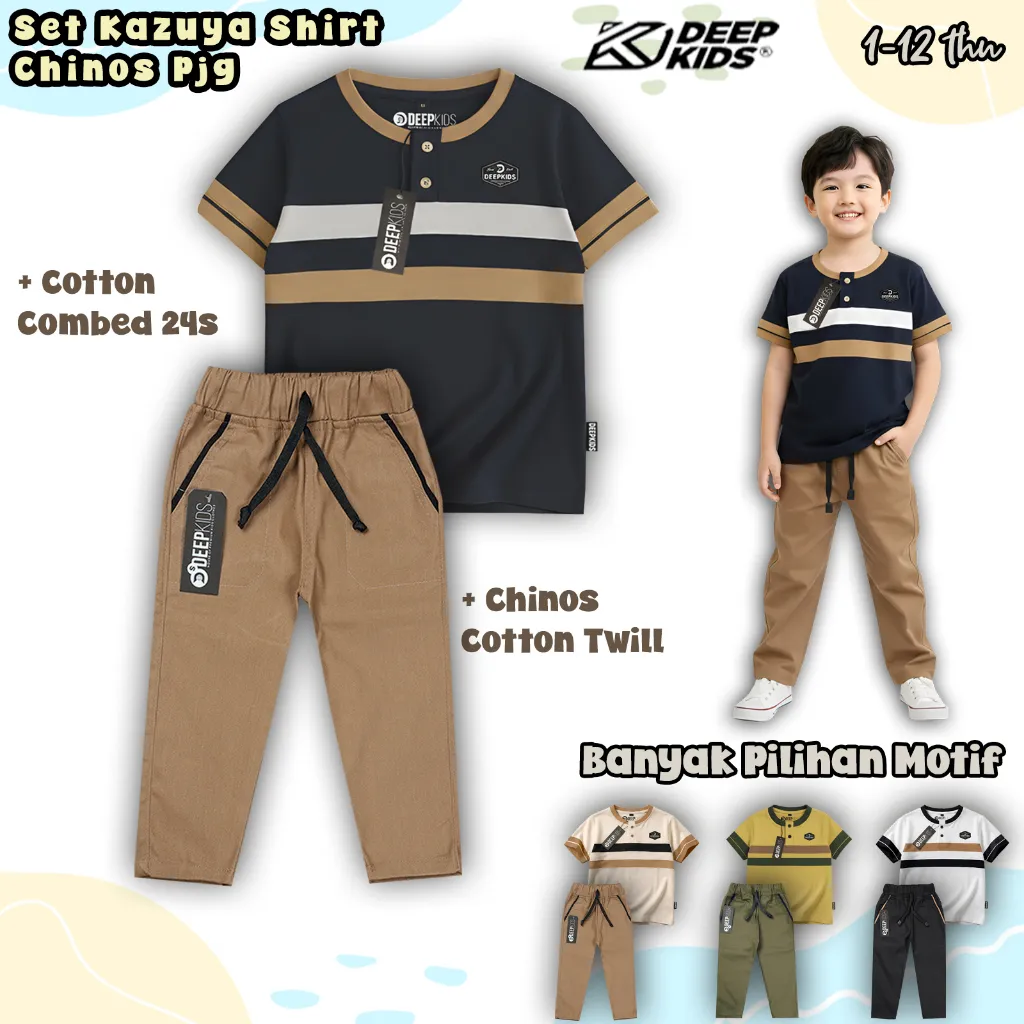 Deepkids Setelan Anak Laki Laki Kaos Kerah Kancing Celana Chinos Panjang Bahan Cotton Combed 24s & Cotton Twill Usia 1 2 3 4 5 6 7 8 9 10 11 12 Tahun | Set Kazuya + Chinos Pjg