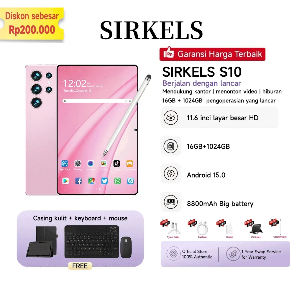 [Free Keyboard Mouse Case]SIRKELS Tablet S10 | RAM 16GB + 1024GB ROM | 11.6inci Layar besar | 8800mAh | 5G Dual SIM Wifi | Kamera 48MP | Untuk Belajar,Gaming, Kerja & Hiburan | Tab S10 Tablet Android 15 PC Murah | Garansi 1 Tahun
