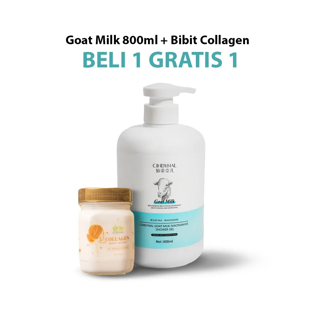 PAKET 2IN1 CINDYNAL GOAT MILK BODY WASH 800ml + COLLAGEN BODY LOTION – Paket Pencerah Badan & Pelembab Tubuh Harian