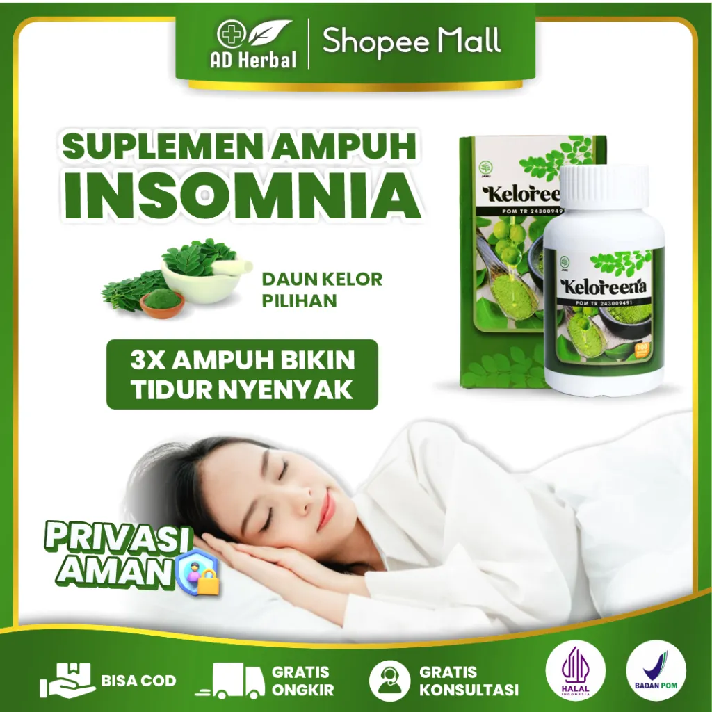 Obat Insomnia - Susah Sulit Tidur - Susah Tidur Nyenyak - Susah Tidur Malam Herbal Keloreena Kapsul