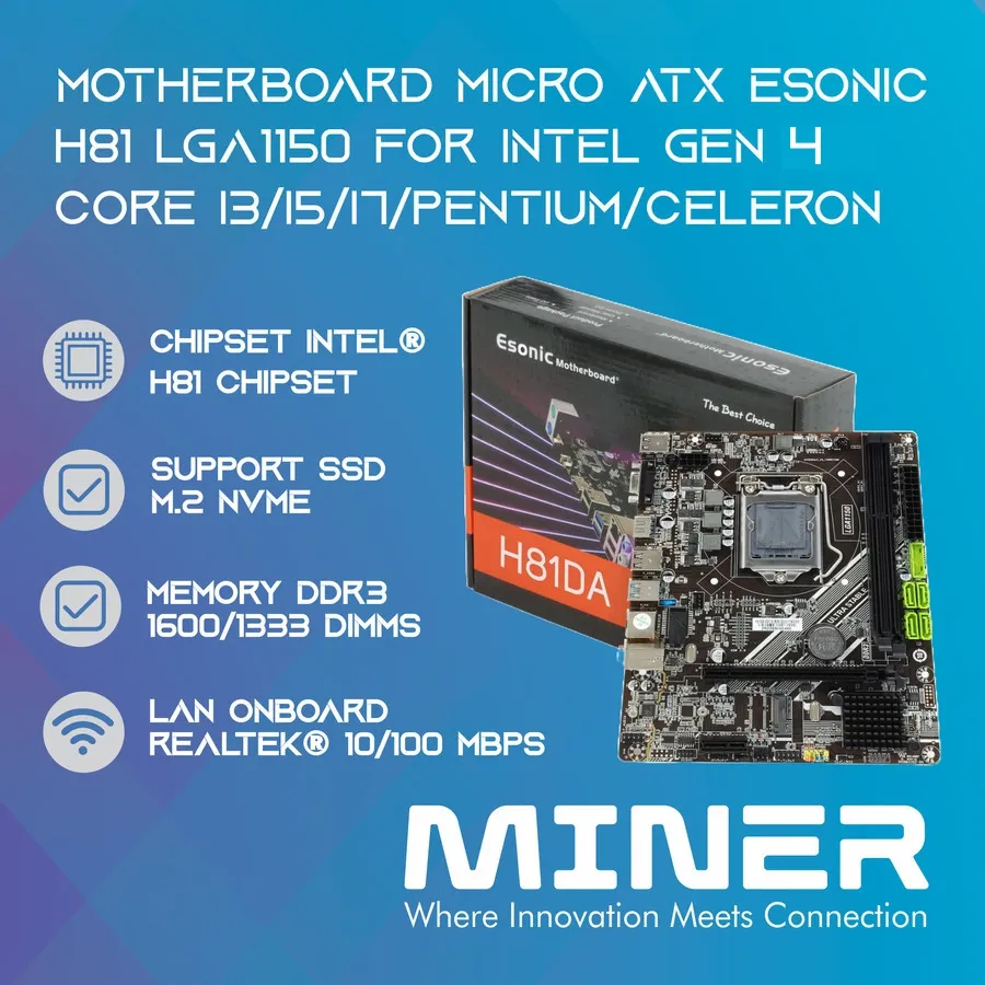 Motherboard Esonic H81 LGA 1150 for Intel Gen 4 Core I3/I5/I7/Pentium/Celeron